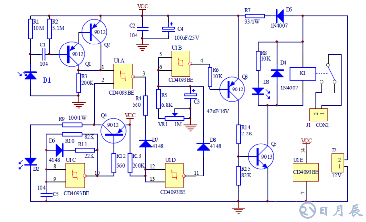 紅外接近開關電路 本例紅外接近開關電路是通過檢測發(fā)射的紅外線信號是否被發(fā)射來判斷前方是否有物體，從而控制繼電器的開關動作來控制其它電路（本例省略）。.png