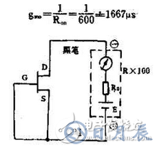 　萬用電表置R×1k檔，然后反復(fù)測試管子的三個電極，只要其中兩腳的正、反向測試電阻值相等，約為幾千歐姆時，這兩個極必定是漏、源極。當(dāng)然為了驗證還得確定剩下那只腳是柵極，該腳對漏、源極中任一腳的正、反向電阻應(yīng)是不一樣大的（PN結(jié)），若—樣，說明該管是壞的。