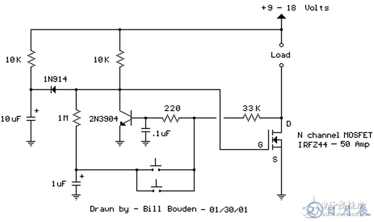 當(dāng)開關(guān)按下時(shí)，1uF電容被連接到220歐姆和33K電阻連接點(diǎn)，NPN晶體管截止，場(chǎng)效應(yīng)管導(dǎo)通開啟負(fù)載。釋放按鈕后，1uF電容通過1M電阻充電。第二次按下開關(guān)，1uF電容充電后的電壓被加載到NPN晶體管基極，晶體管導(dǎo)通，場(chǎng)效應(yīng)管關(guān)閉，負(fù)載斷電。
